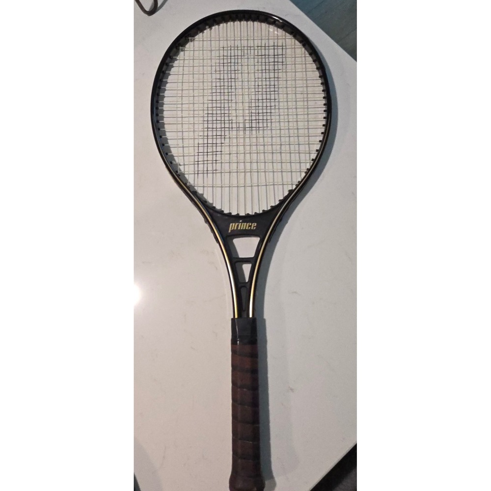 Vintage 1983 Prince Pro Tennis Racquet 4 1/4 Grip Black Gold Aluminum with Cover